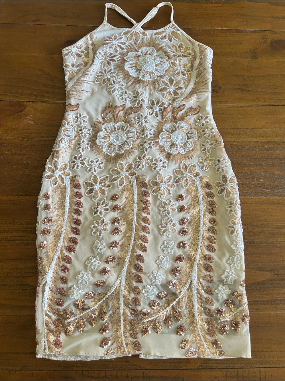 Fashion Nova Nude & Rose Gold Sequin Embroidered Bodycon Dress | Size Large